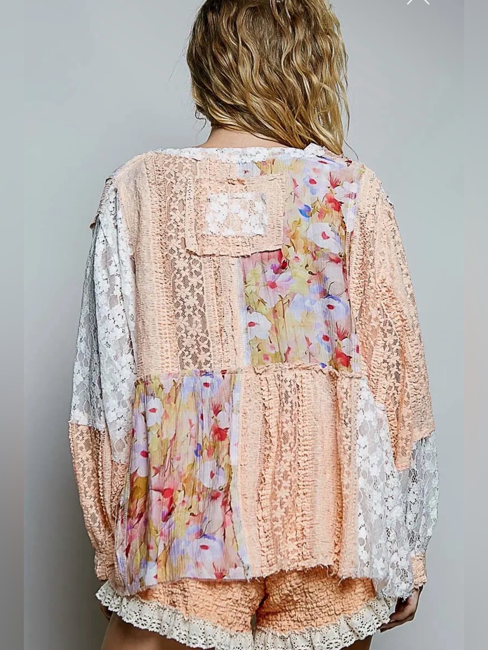 POL Apricot lace balloon sleeve boho patchwork floral blouse top pullover - Picture 3 of 3